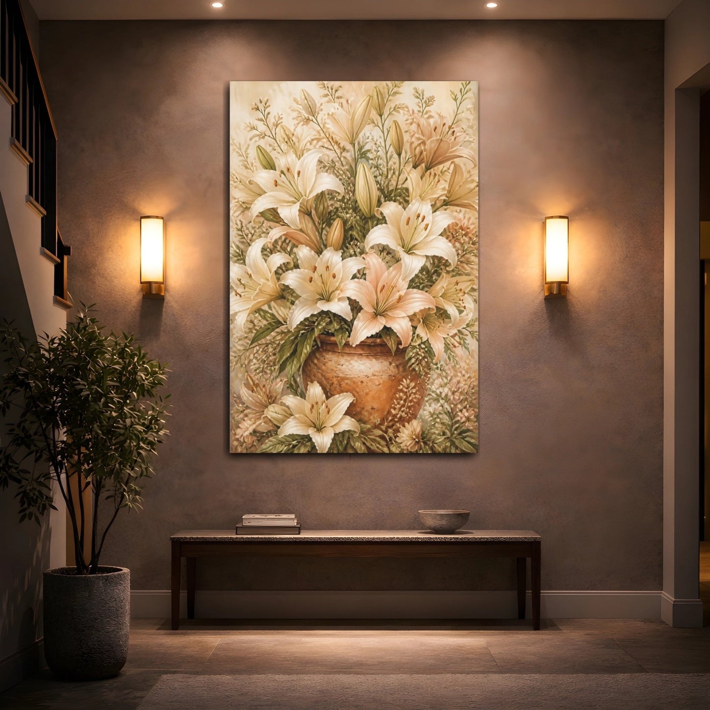 Floral Lilies Cream And Peach Canvas Print Wall Art – Vintage Living Room, Above Console Table - YesArtYes