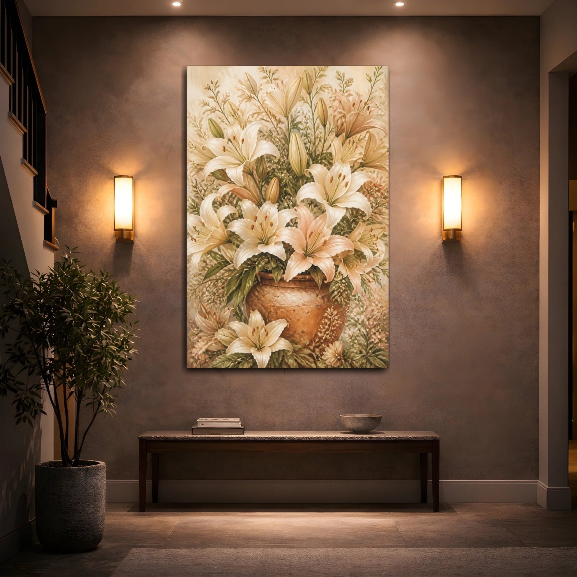 Floral Lilies Cream And Peach Canvas Print Wall Art – Vintage Living Room, Above Console Table - YesArtYes