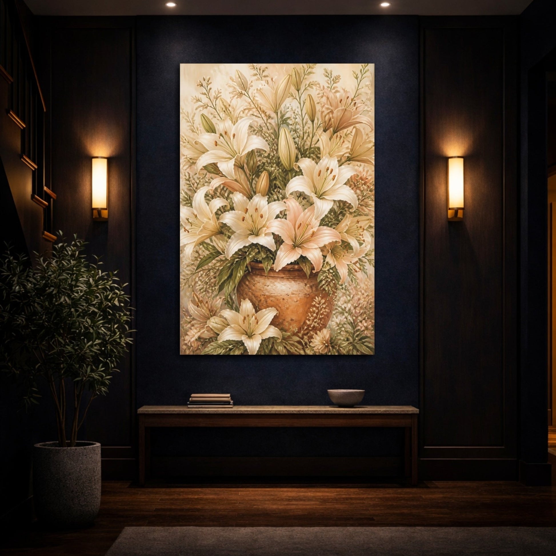 Floral Lilies Cream And Peach Canvas Print Wall Art – Vintage Living Room, Above Console Table - YesArtYes