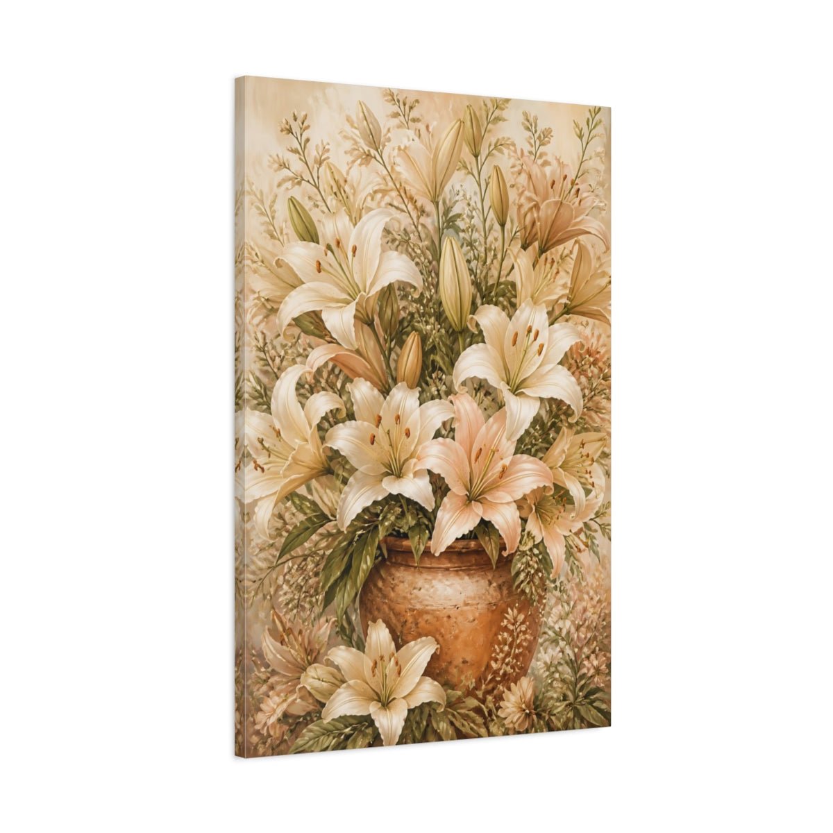 Floral Lilies Cream And Peach Canvas Print Wall Art – Vintage Living Room, Above Console Table - YesArtYes