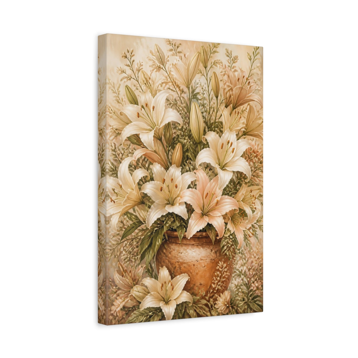 Side Mockup 4. Floral Lilies Cream And Peach shown as canvas print