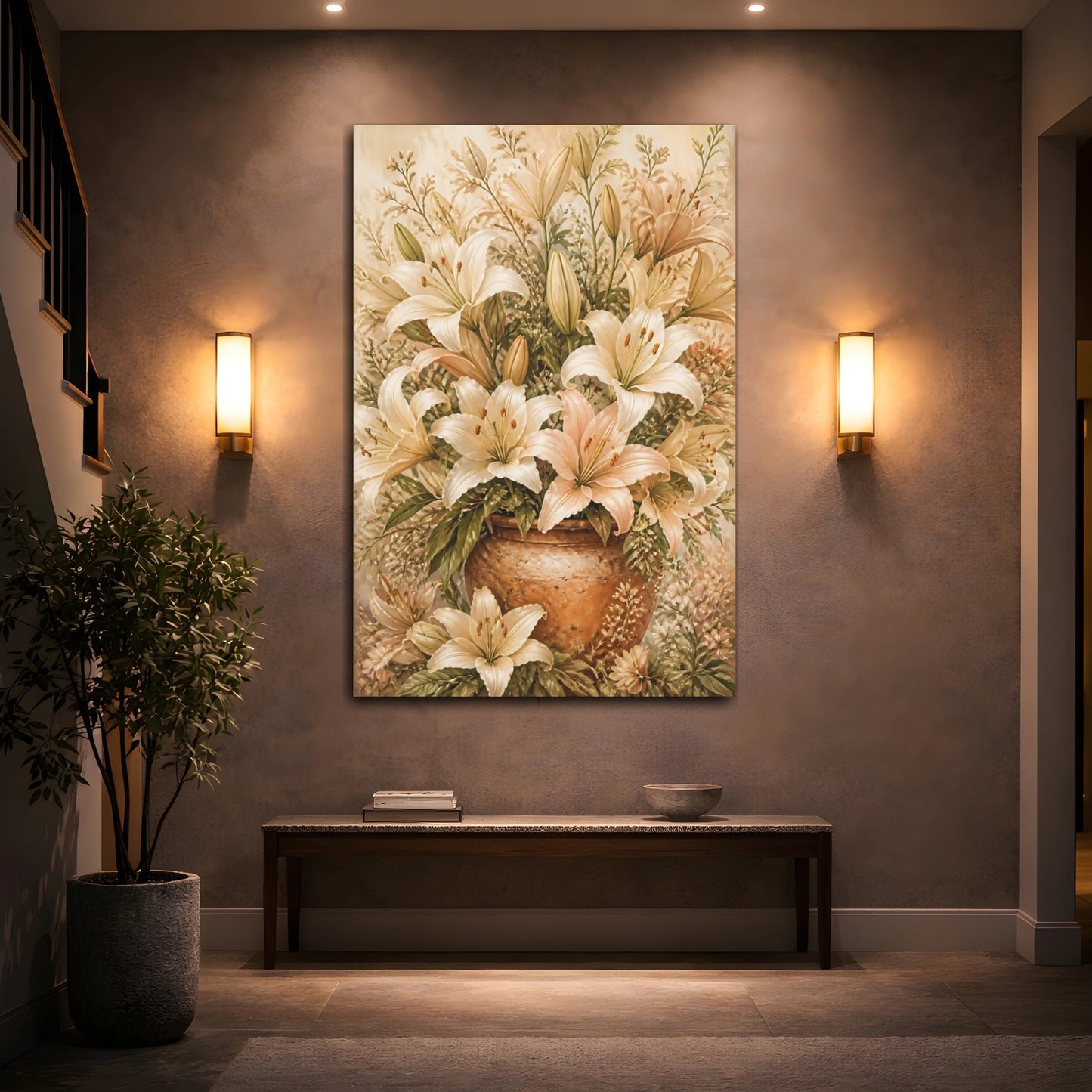 Mockup 2. Floral Lilies Cream And Peach shown as canvas print