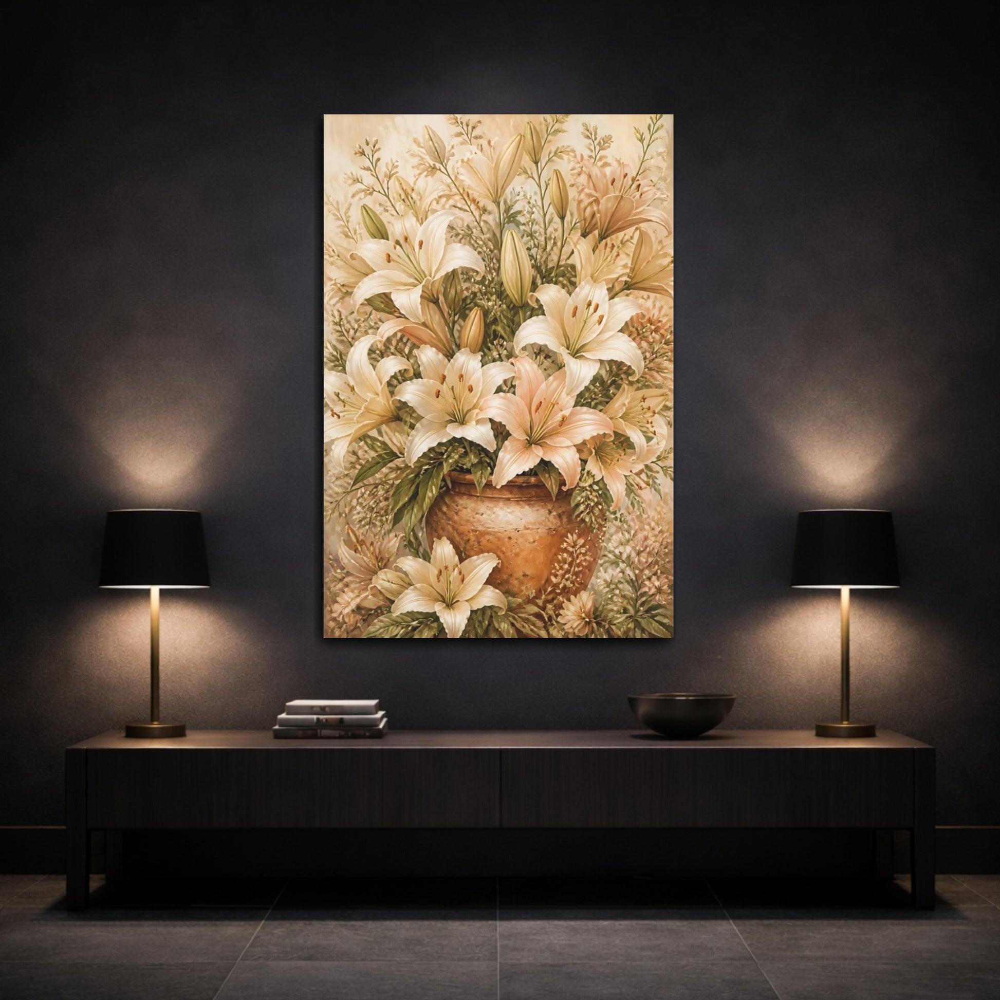 Mockup 3. Floral Lilies Cream And Peach shown as canvas print