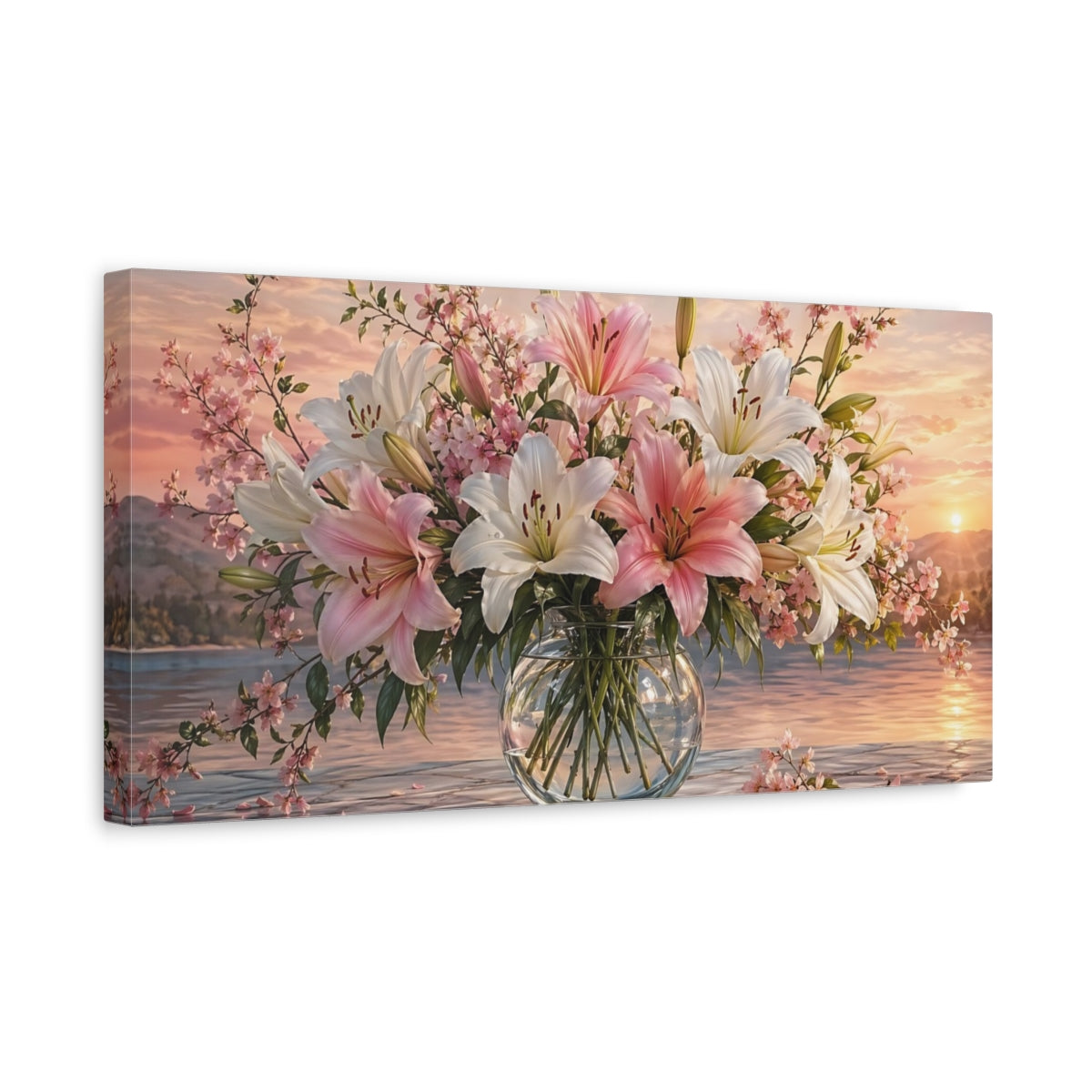 Side Mockup 3. Floral Lilies Pink White Sunset shown as stretched canvas wall art