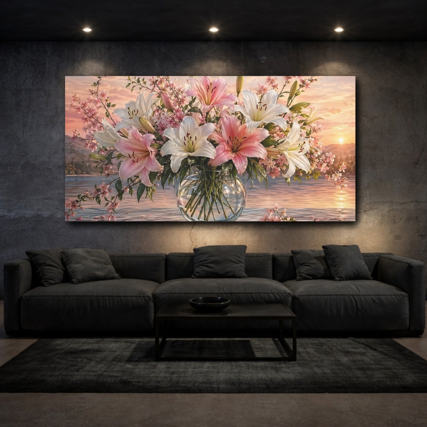 Mockup 2. Floral Lilies Pink White Sunset shown as stretched canvas wall art