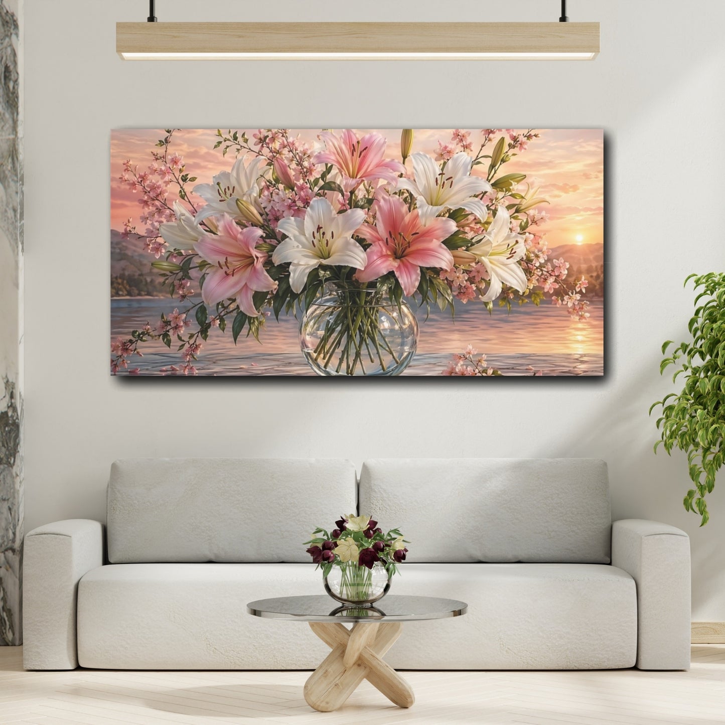 Mockup 3. Floral Lilies Pink White Sunset shown as stretched canvas wall art