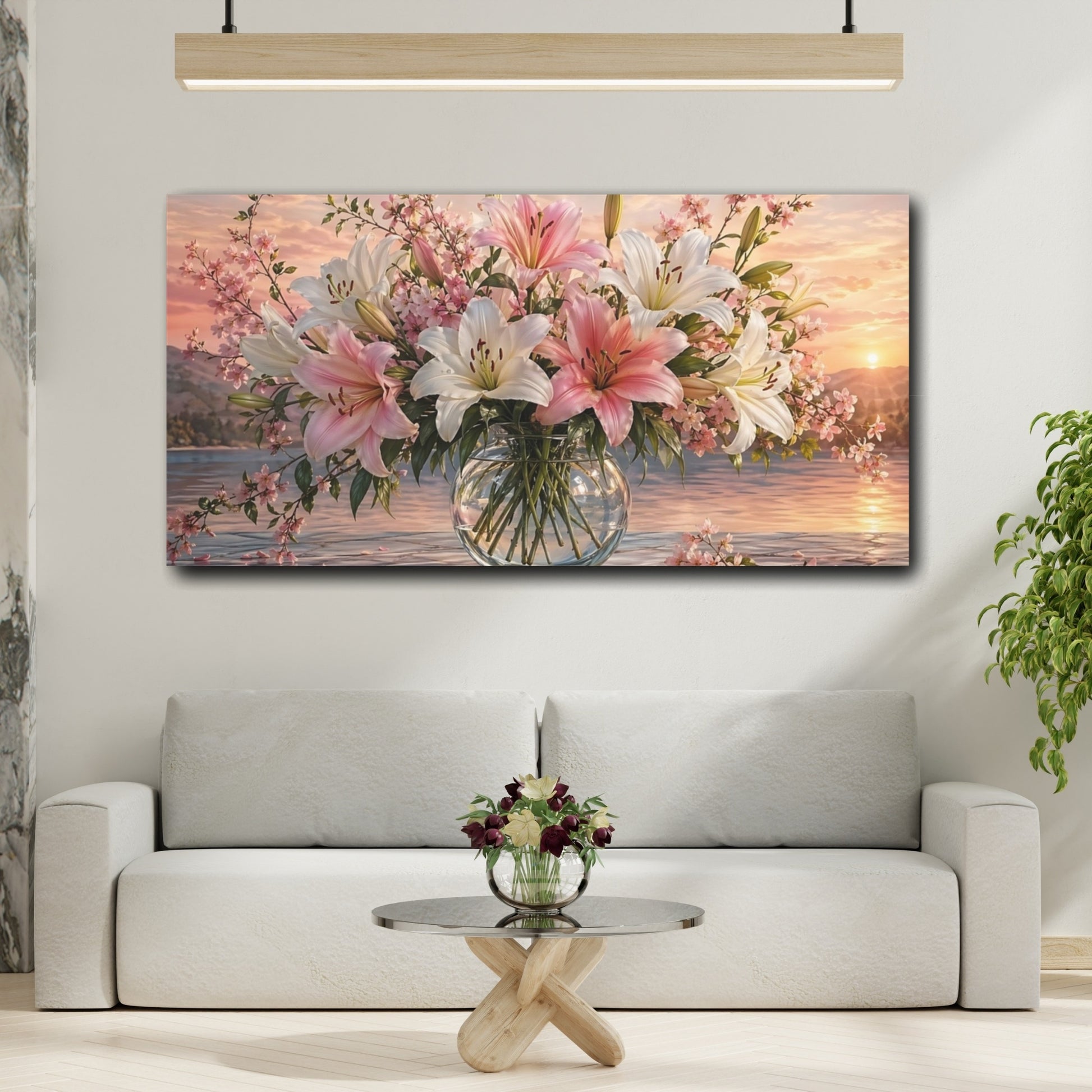 Mockup 3. Floral Lilies Pink White Sunset shown as stretched canvas wall art