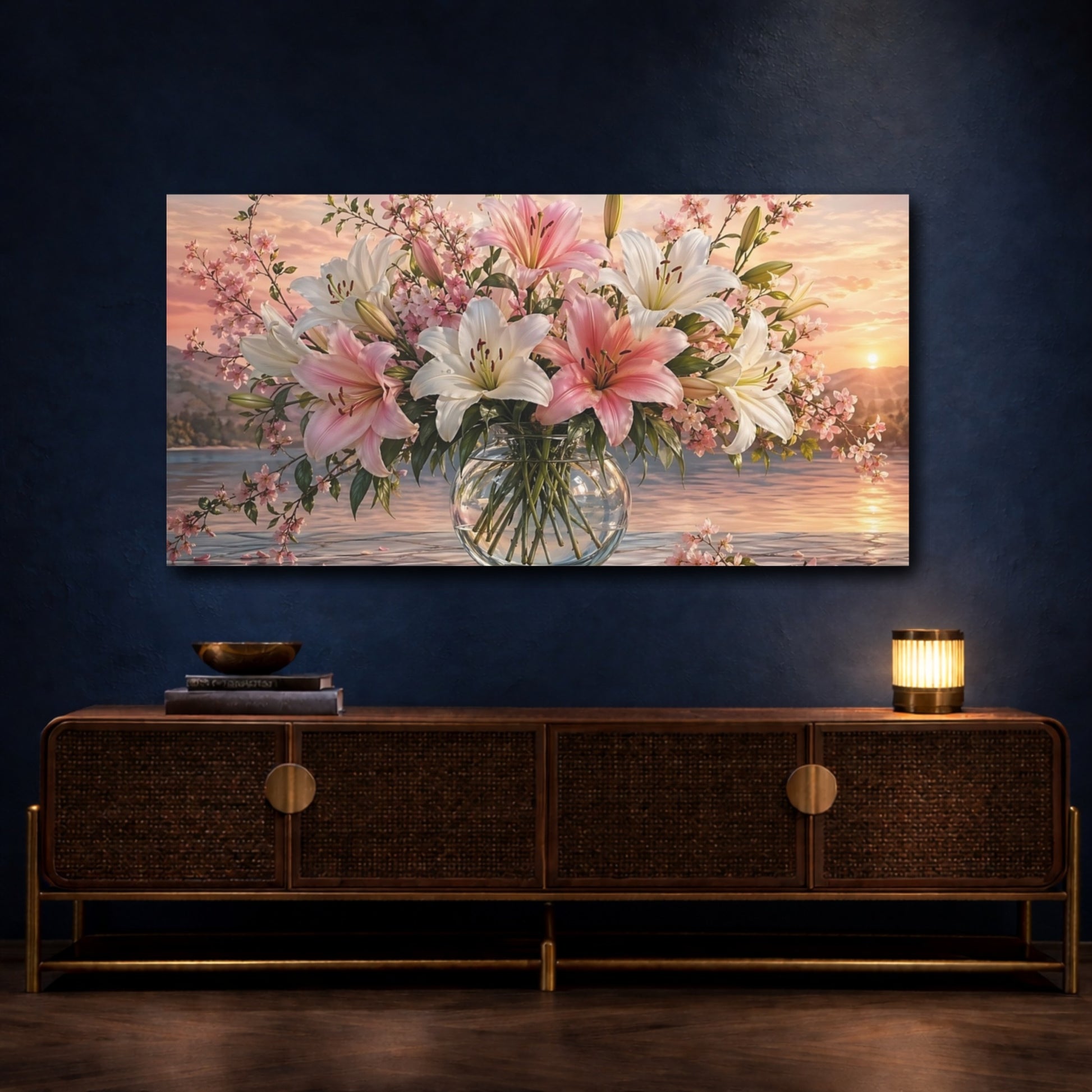 Mockup 4. Floral Lilies Pink White Sunset shown as stretched canvas wall art