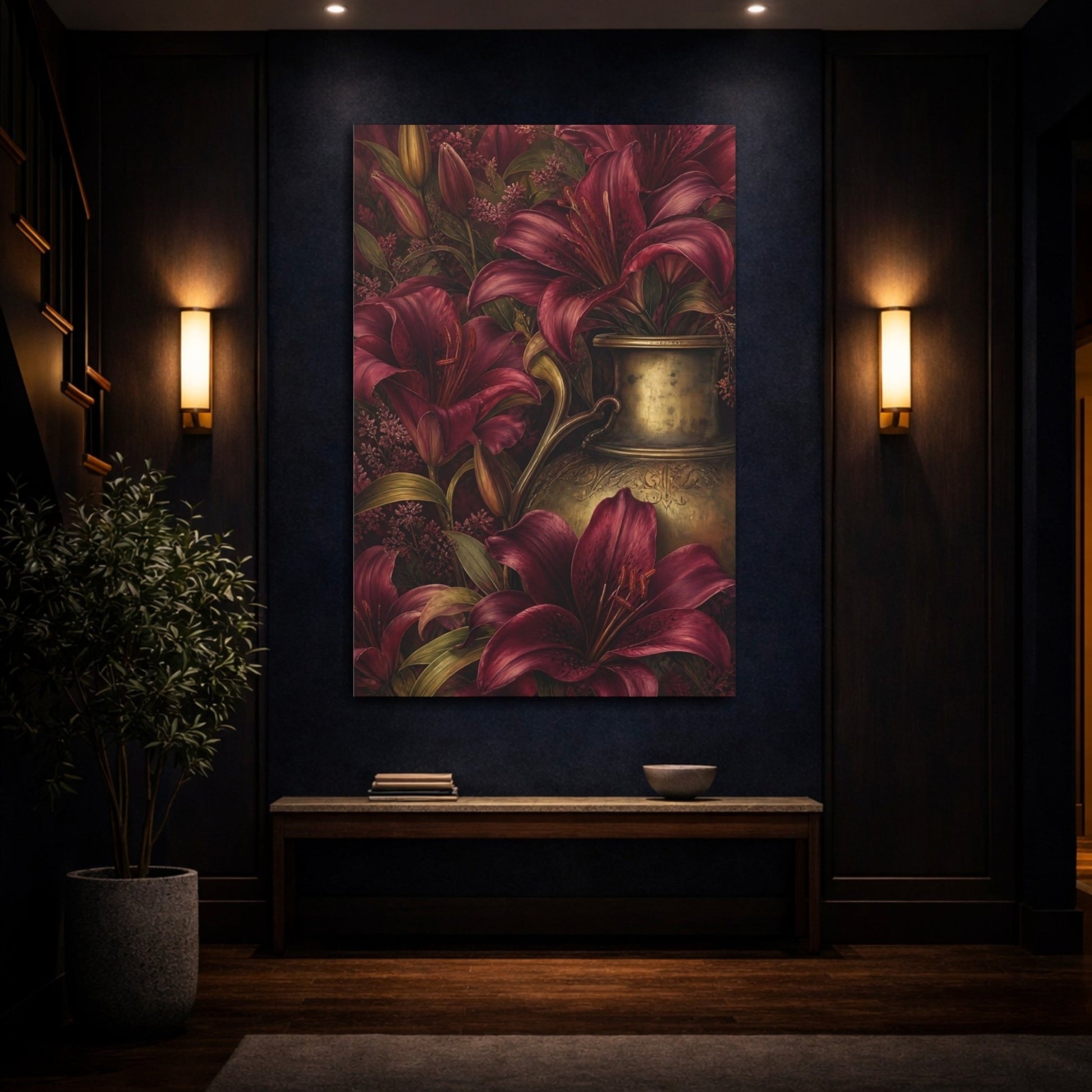 Floral Lilies Red And Gold Canvas Print Wall Art – Living Room Decor, Above Couch - YesArtYes