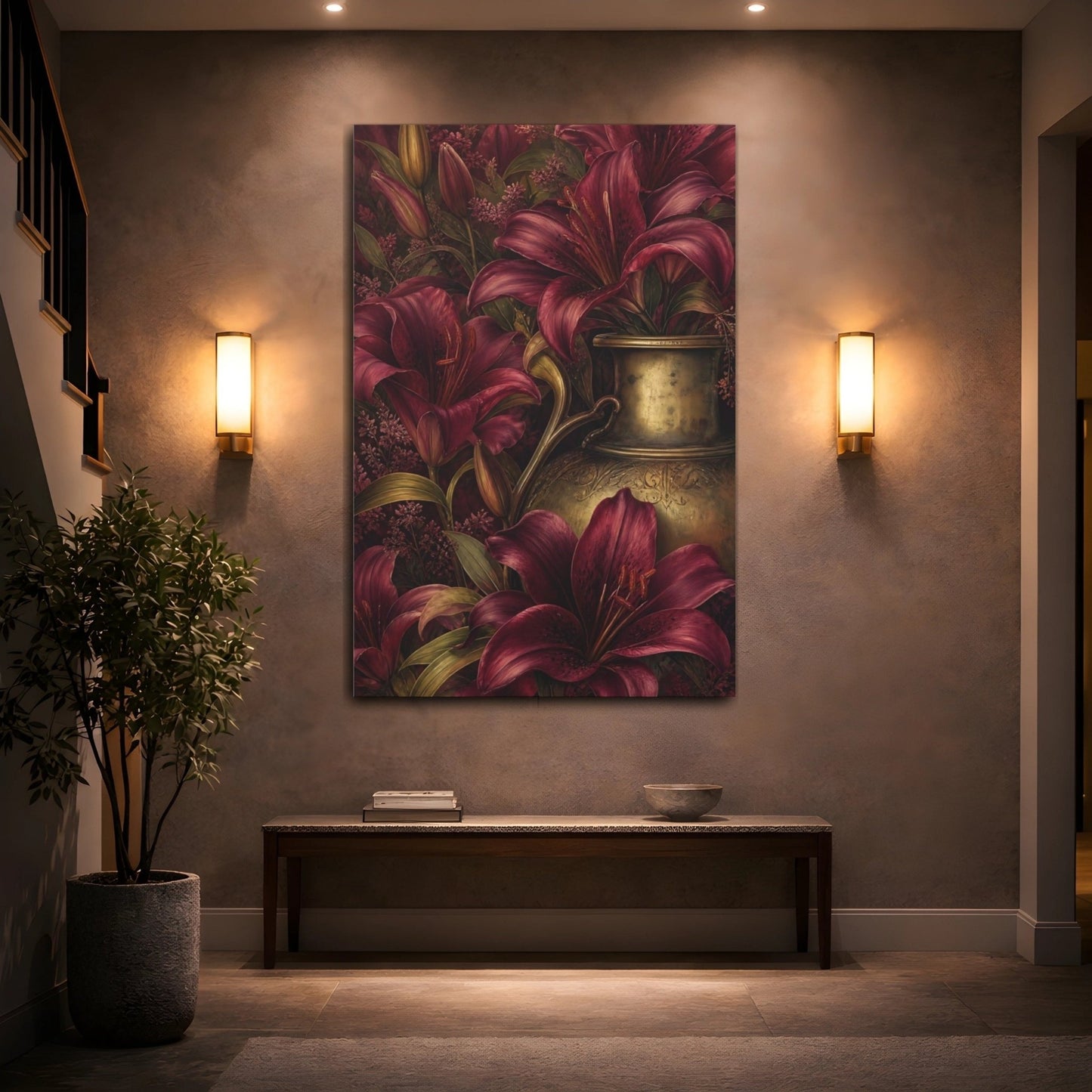 Floral Lilies Red And Gold Canvas Print Wall Art – Living Room Decor, Above Couch - YesArtYes