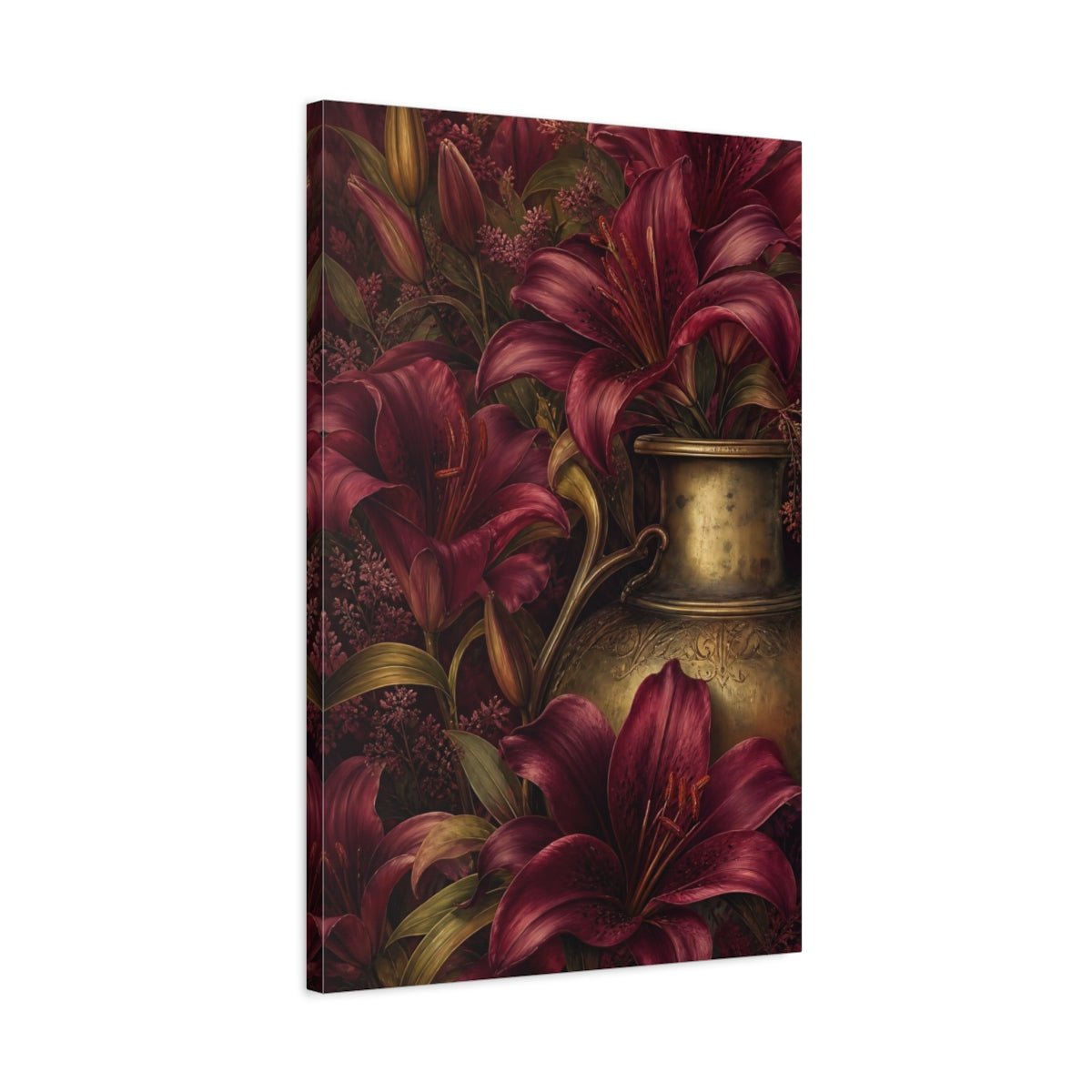 Floral Lilies Red And Gold Canvas Print Wall Art – Living Room Decor, Above Couch - YesArtYes