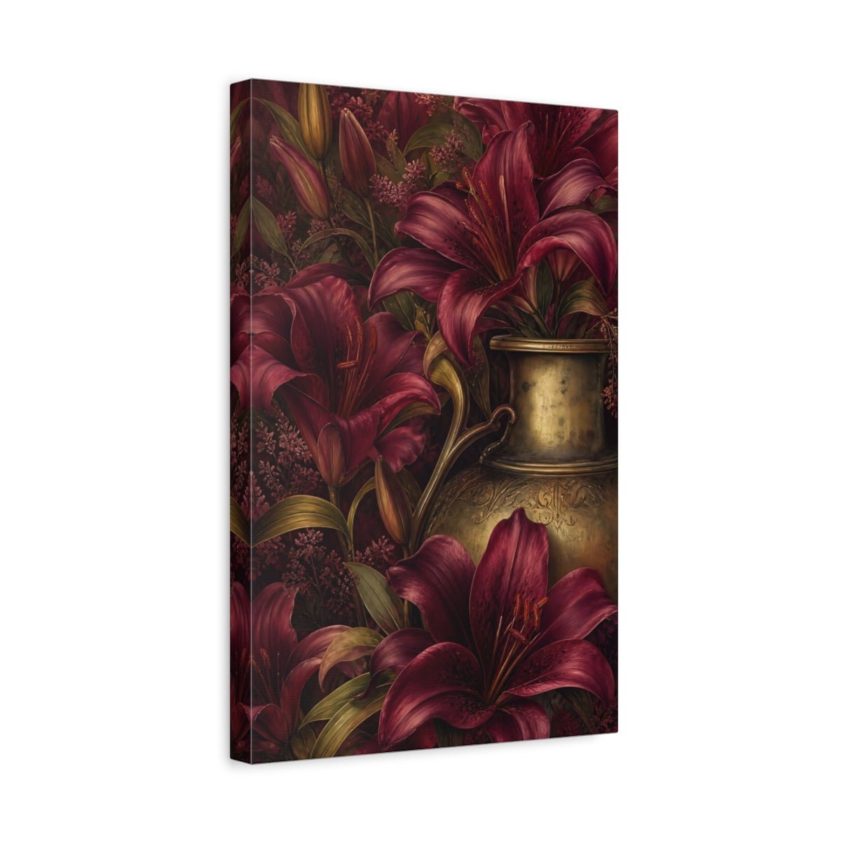 Floral Lilies Red And Gold Canvas Print Wall Art – Living Room Decor, Above Couch - YesArtYes