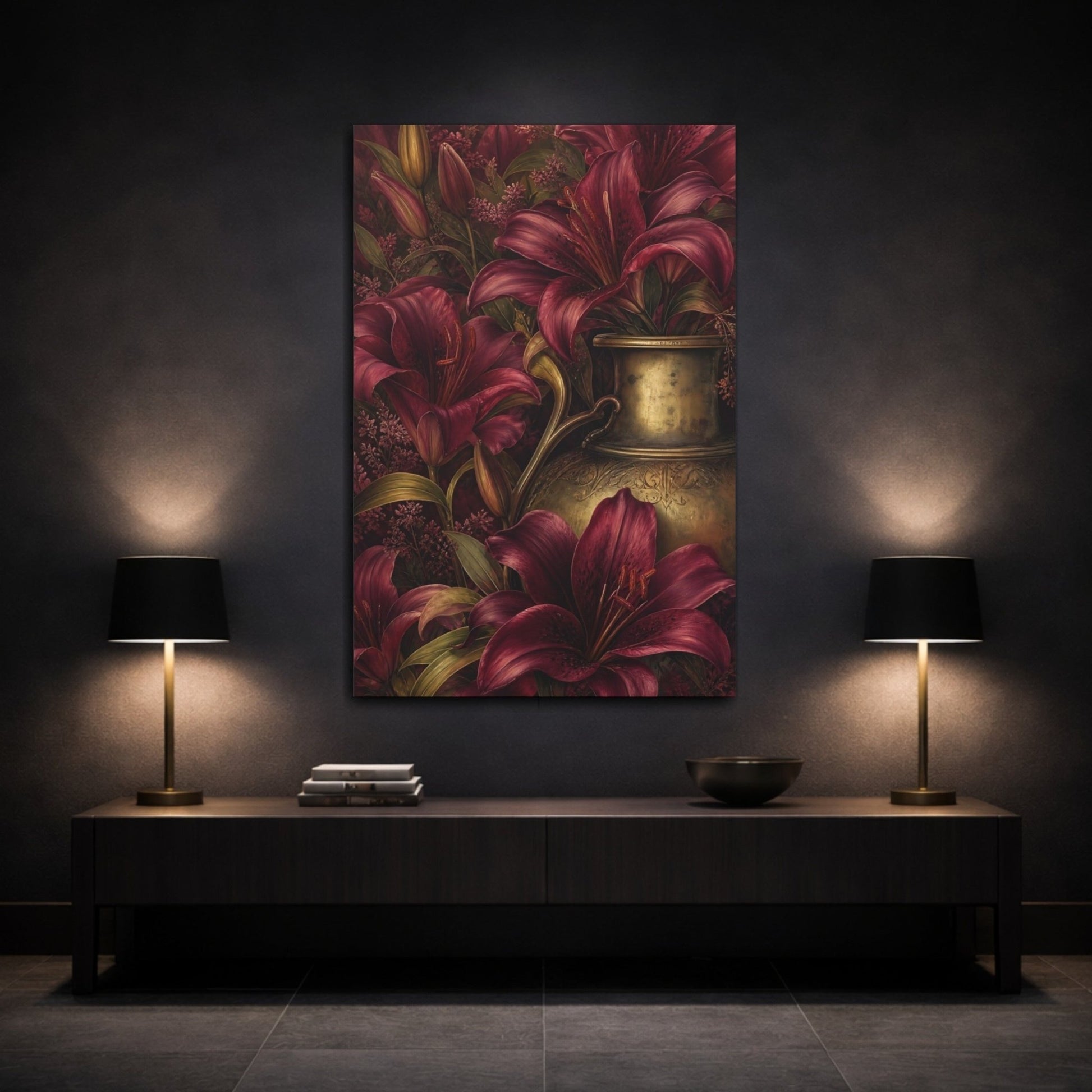 Floral Lilies Red And Gold Canvas Print Wall Art – Living Room Decor, Above Couch - YesArtYes