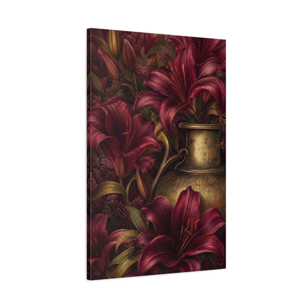 Floral Lilies Red And Gold Canvas Print Wall Art – Living Room Decor, Above Couch - YesArtYes