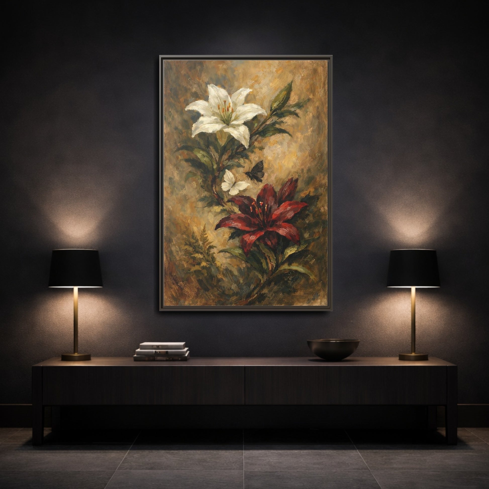 Mockup 2. Floral Lilies Vintage Floral shown as stretched canvas wall art