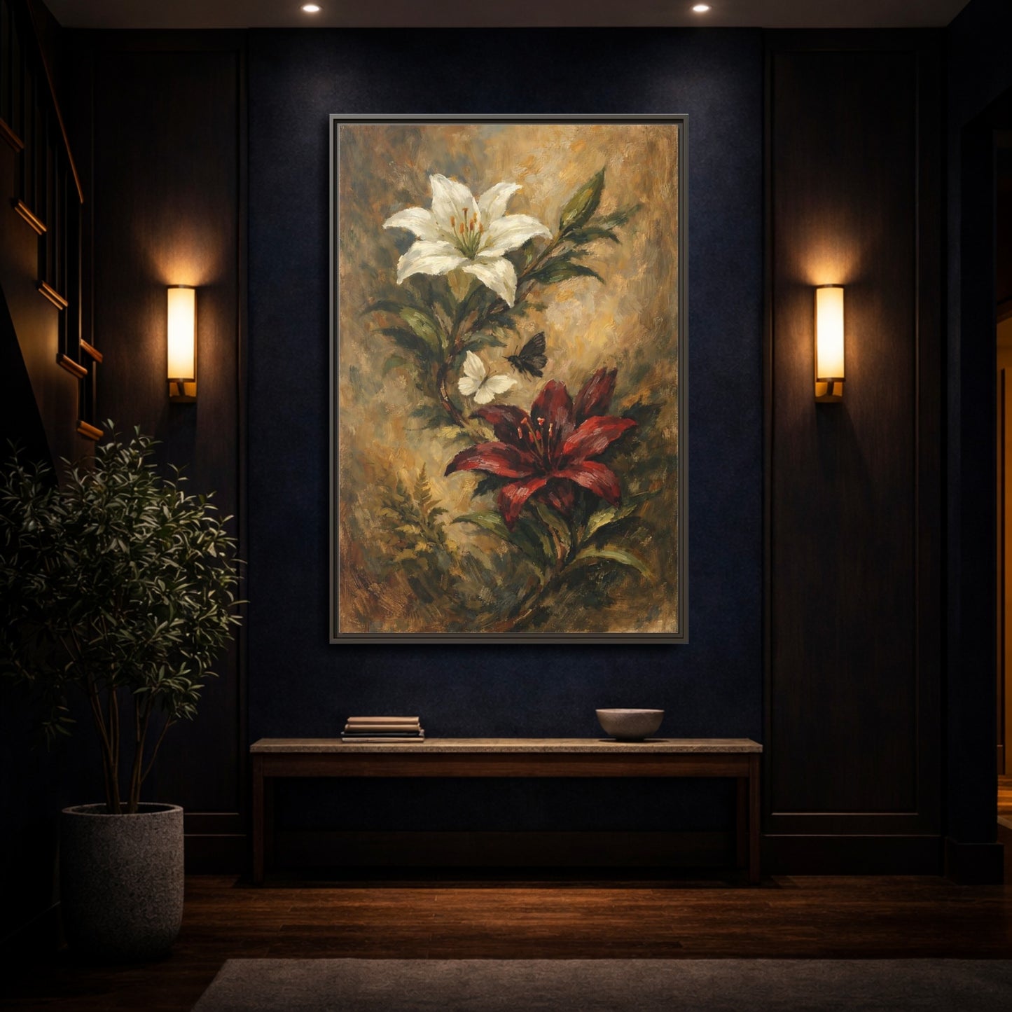 Mockup 3. Floral Lilies Vintage Floral shown as stretched canvas wall art