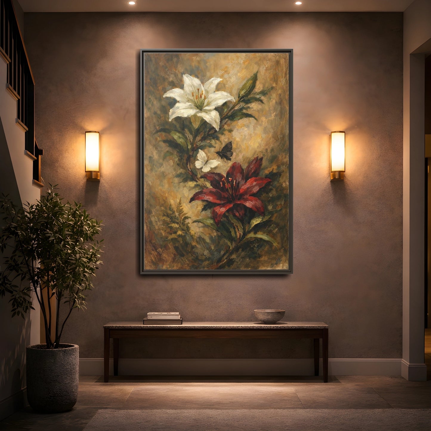 Mockup 4. Floral Lilies Vintage Floral shown as stretched canvas wall art