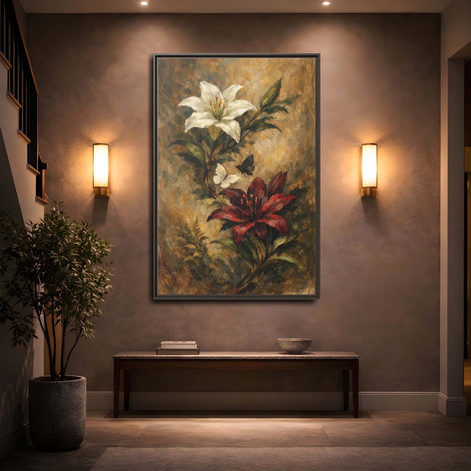 Mockup 4. Floral Lilies Vintage Floral shown as stretched canvas wall art