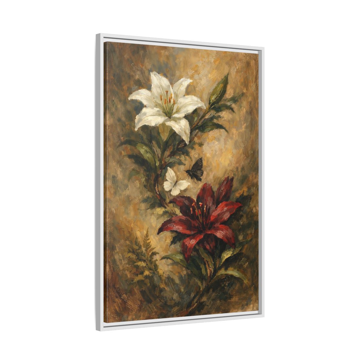 Side Mockup 9. Floral Lilies Vintage Floral shown as stretched canvas wall art
