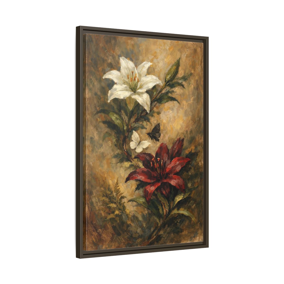 Side Mockup 12. Floral Lilies Vintage Floral shown as stretched canvas wall art
