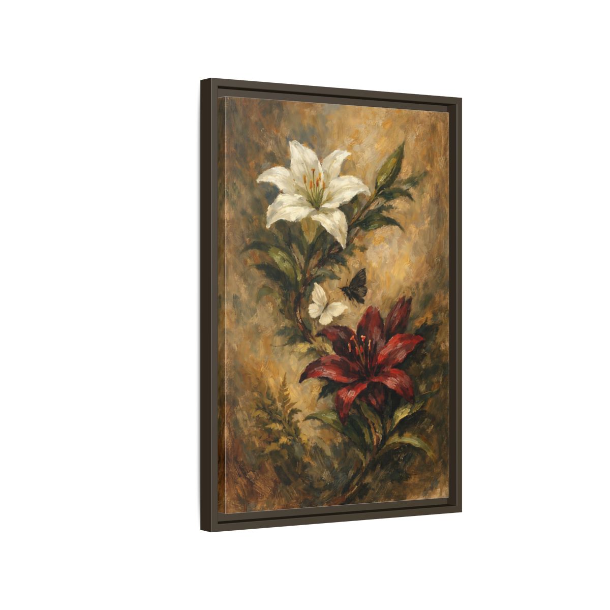 Side Mockup 2. Floral Lilies Vintage Floral shown as stretched canvas wall art