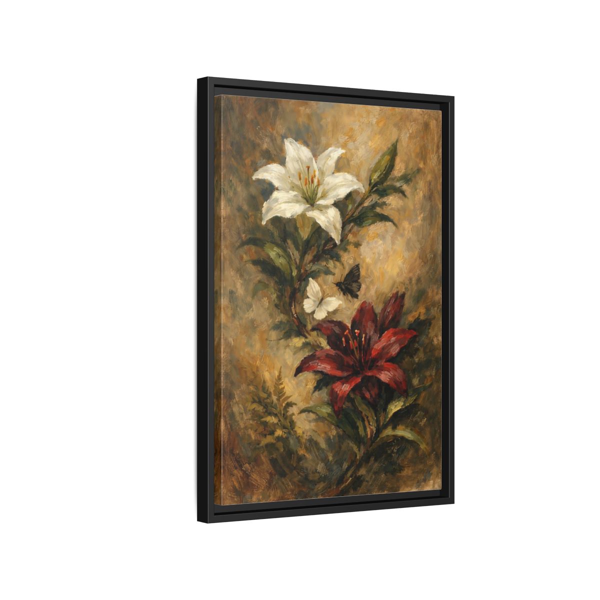 Side Mockup 3. Floral Lilies Vintage Floral shown as stretched canvas wall art