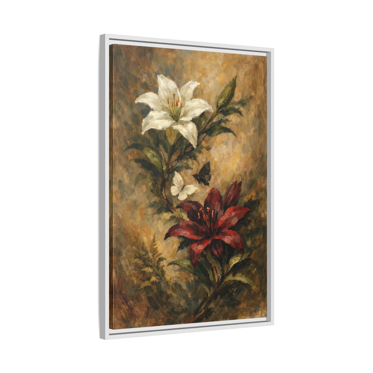 Side Mockup 11. Floral Lilies Vintage Floral shown as stretched canvas wall art