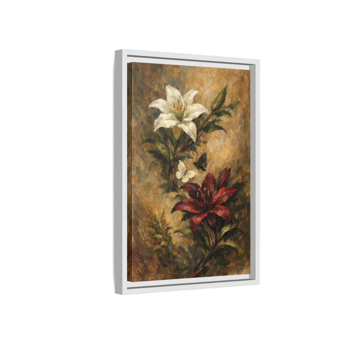 Side Mockup 4. Floral Lilies Vintage Floral shown as stretched canvas wall art
