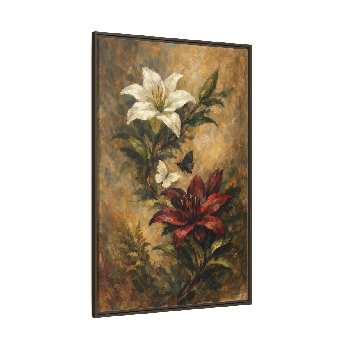 Side Mockup 8. Floral Lilies Vintage Floral shown as stretched canvas wall art