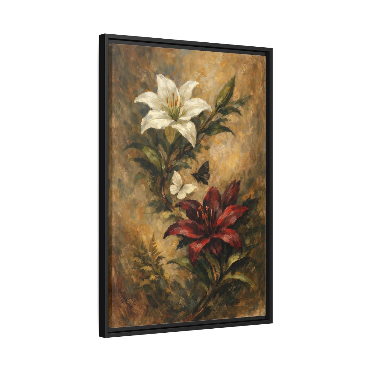 Side Mockup 14. Floral Lilies Vintage Floral shown as stretched canvas wall art