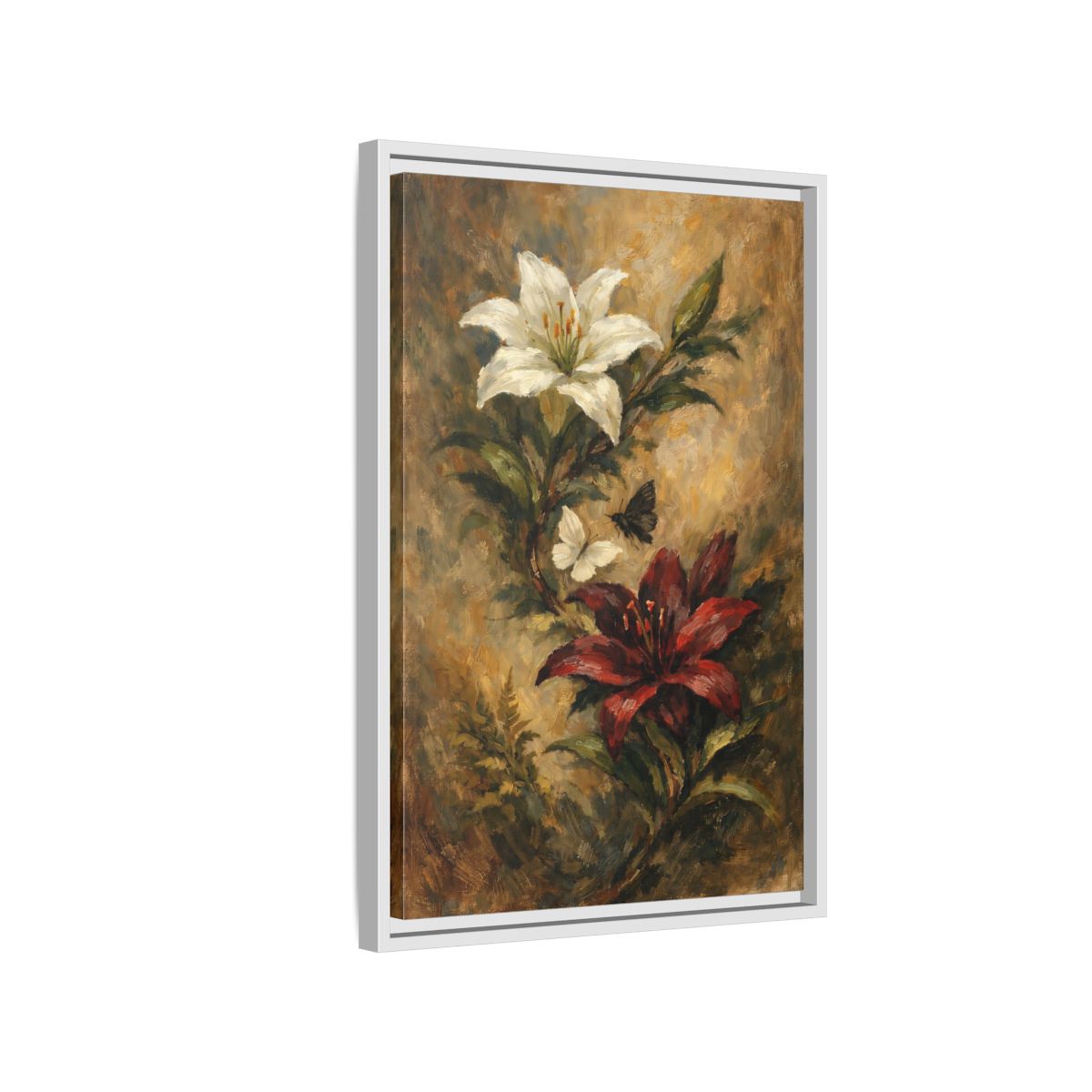 Side Mockup 1. Floral Lilies Vintage Floral shown as stretched canvas wall art