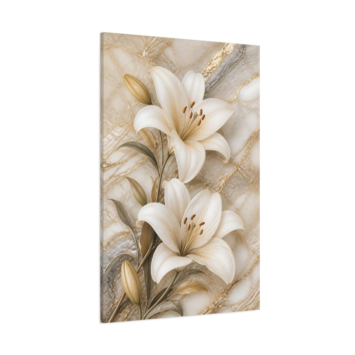 Side Mockup 1. Floral Lilies White Lilies Gold Marble shown as stretched canvas wall art