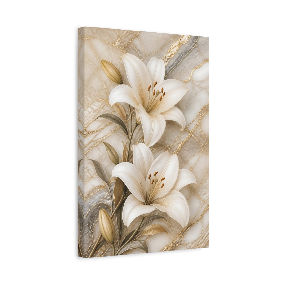 Side Mockup 4. Floral Lilies White Lilies Gold Marble shown as stretched canvas wall art