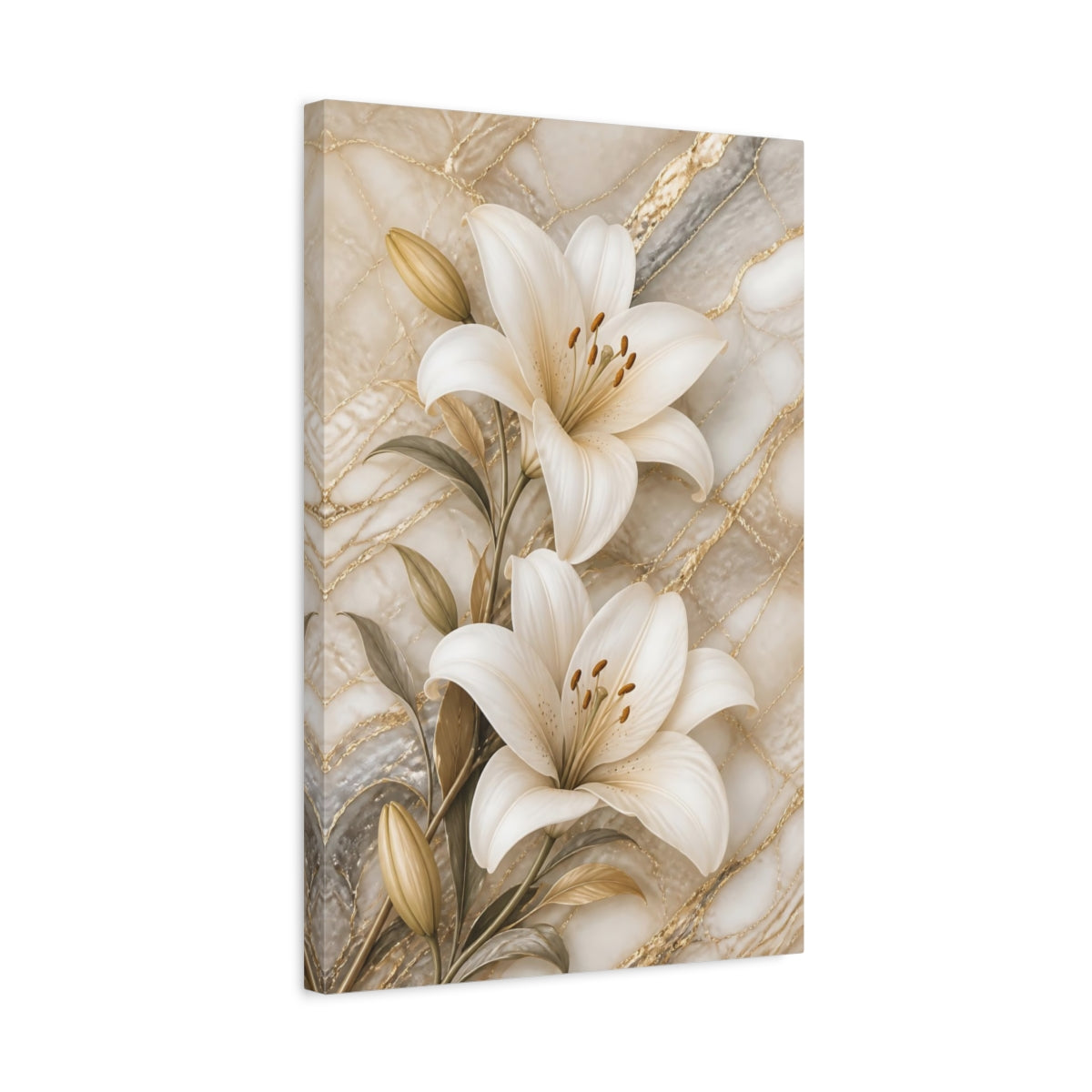 Side Mockup 3. Floral Lilies White Lilies Gold Marble shown as stretched canvas wall art