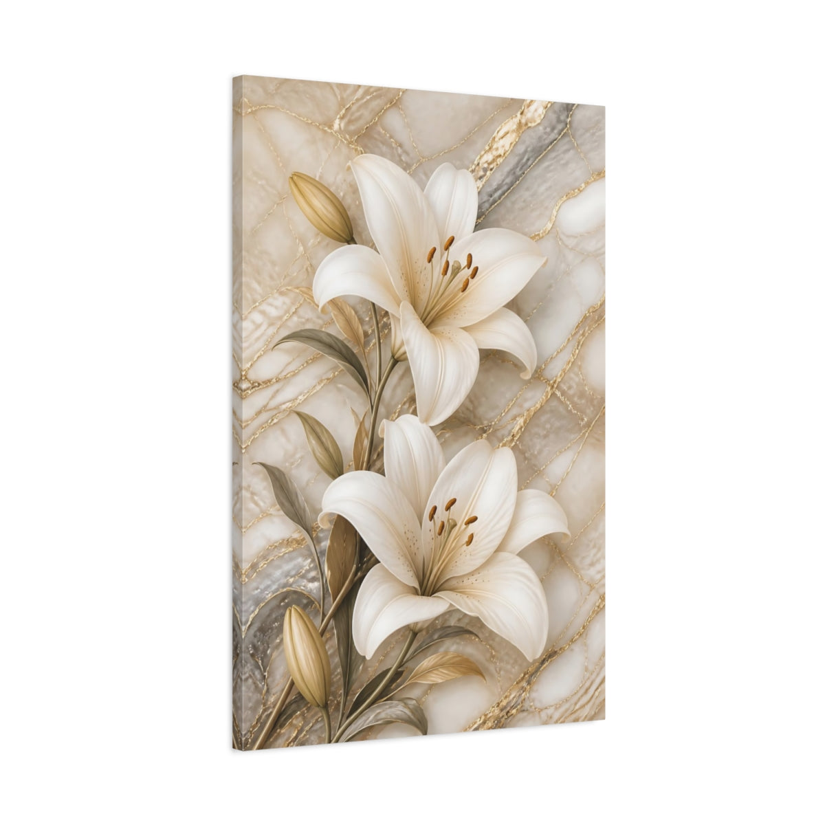 Main Mockup. Floral Lilies White Lilies Gold Marble shown as stretched canvas wall art