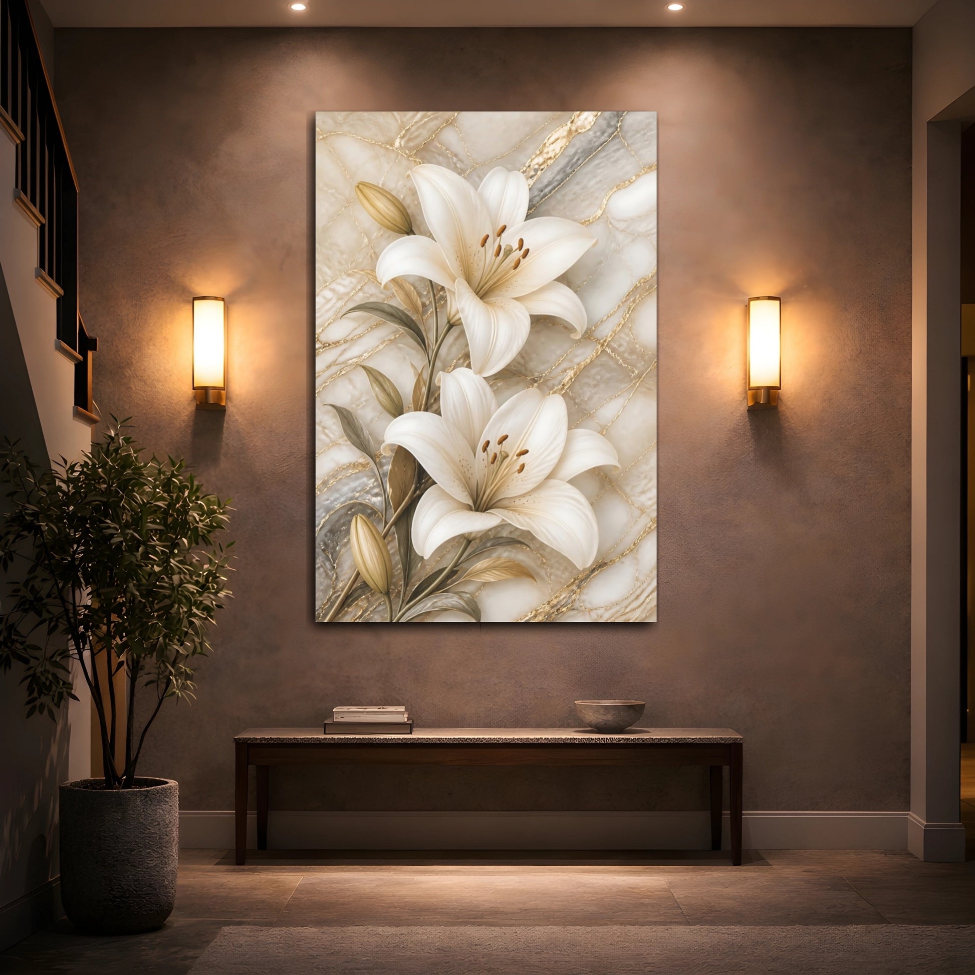 Mockup 2. Floral Lilies White Lilies Gold Marble shown as stretched canvas wall art