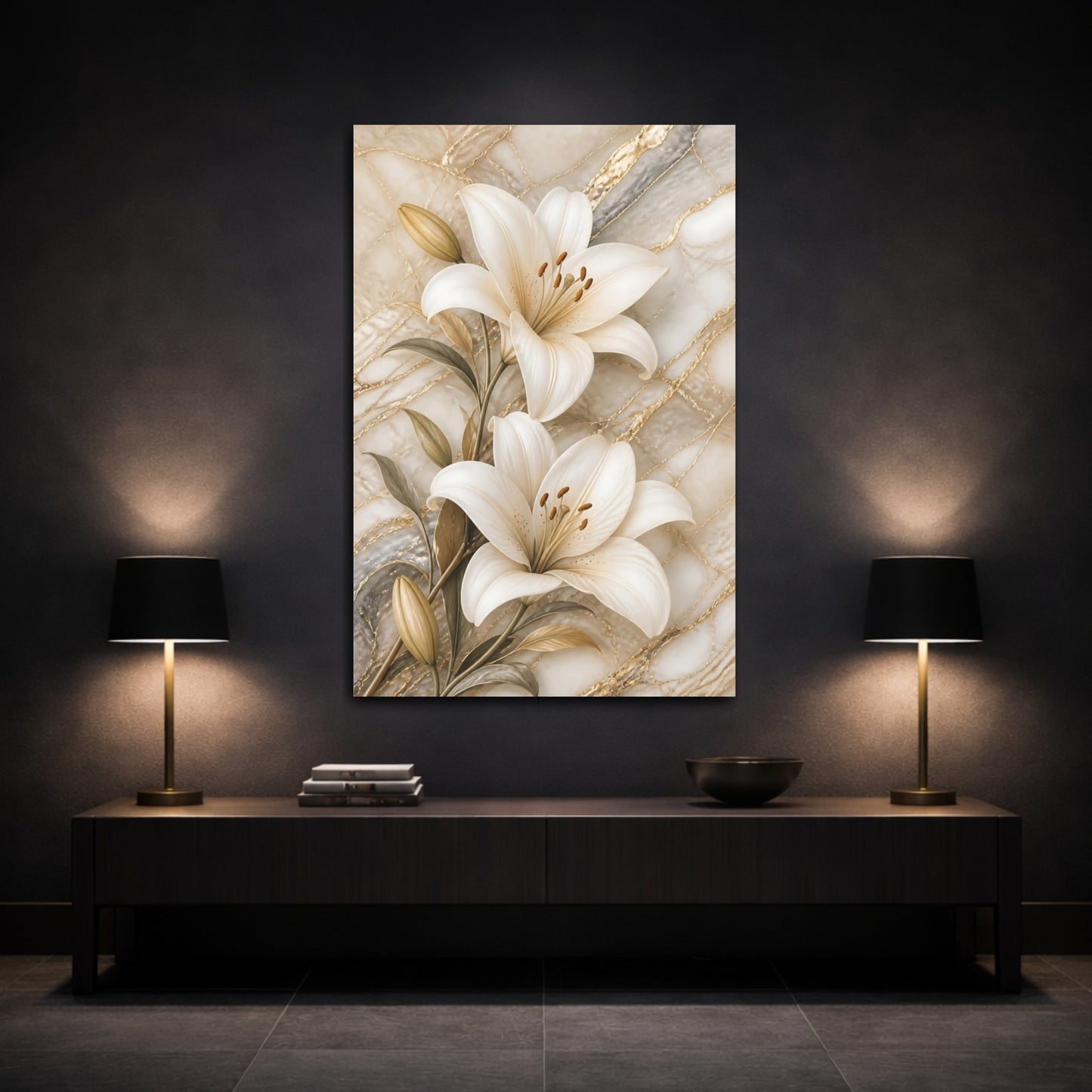 Mockup 3. Floral Lilies White Lilies Gold Marble shown as stretched canvas wall art