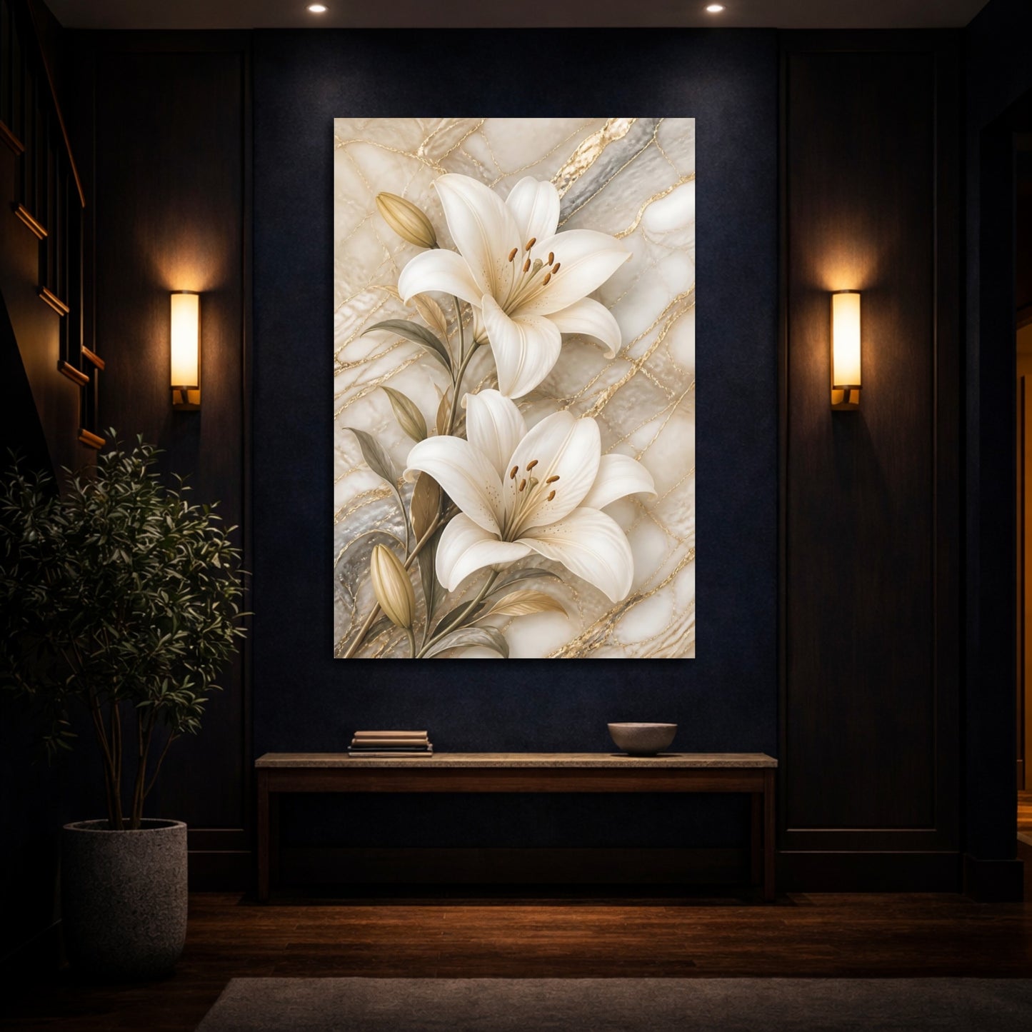 Mockup 4. Floral Lilies White Lilies Gold Marble shown as stretched canvas wall art
