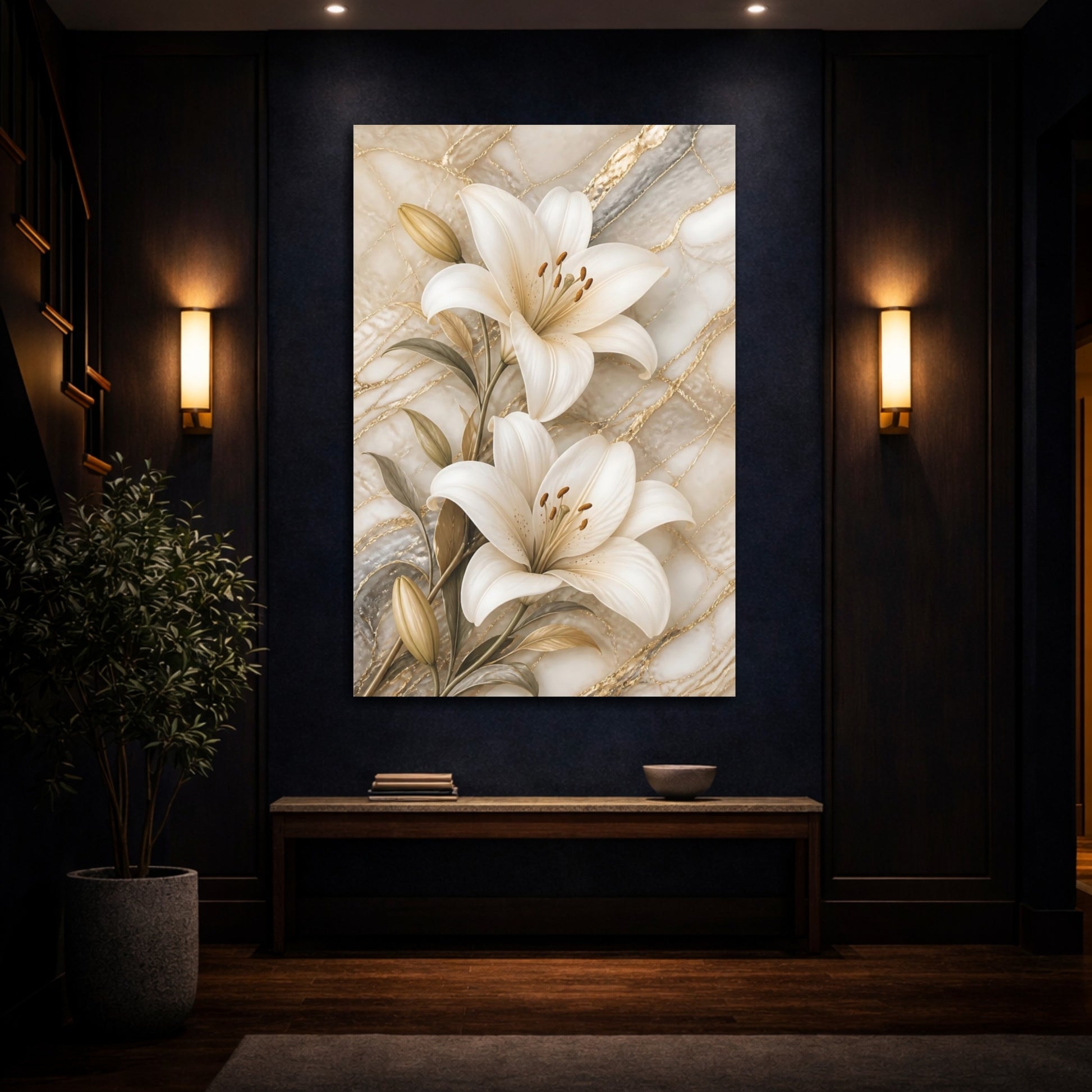 Mockup 4. Floral Lilies White Lilies Gold Marble shown as stretched canvas wall art