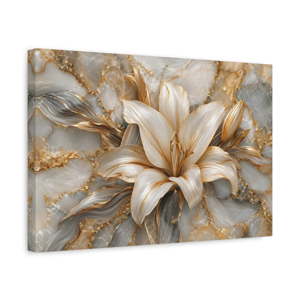 Side Mockup 4. Floral Lily Flower Gold And Gray shown as stretched canvas wall art