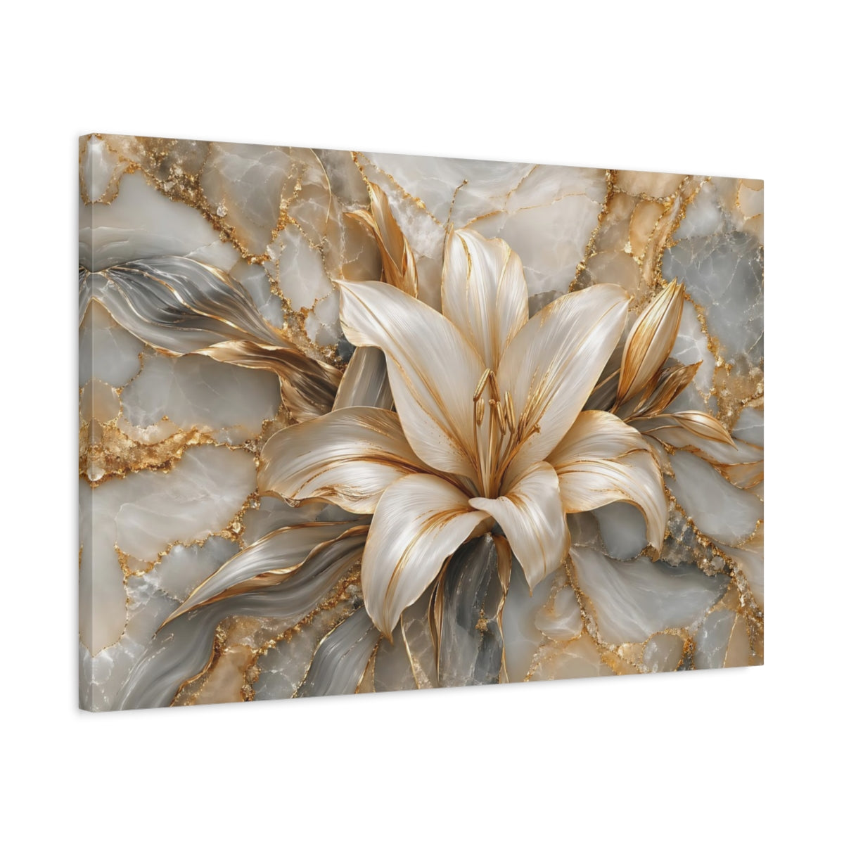 Side Mockup 2. Floral Lily Flower Gold And Gray shown as stretched canvas wall art