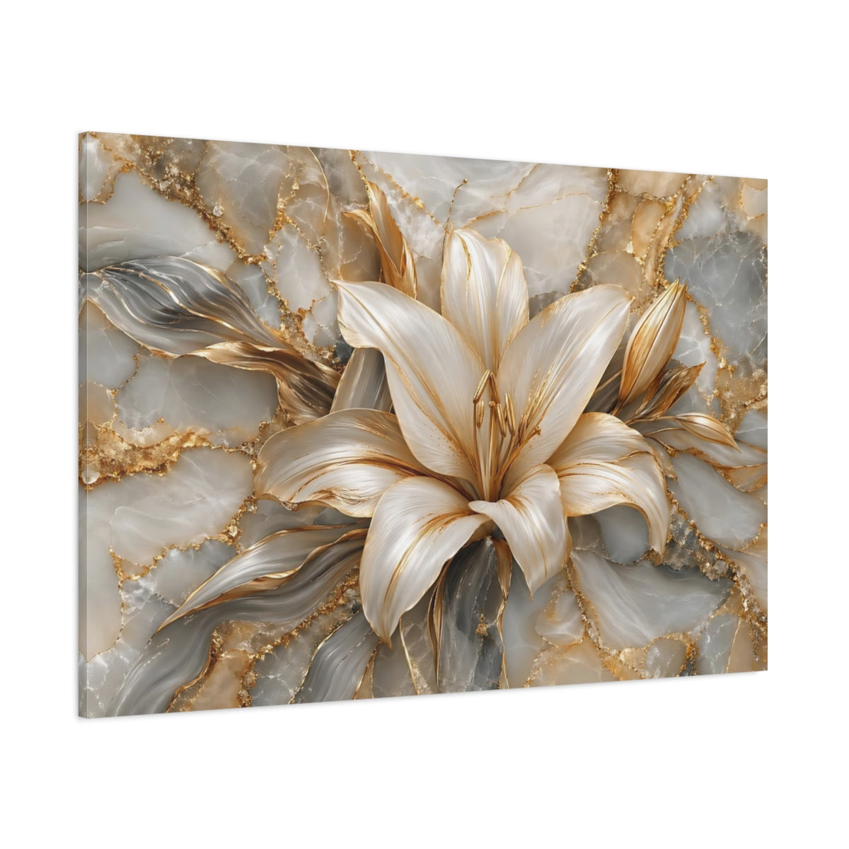 Side Mockup 1. Floral Lily Flower Gold And Gray shown as stretched canvas wall art