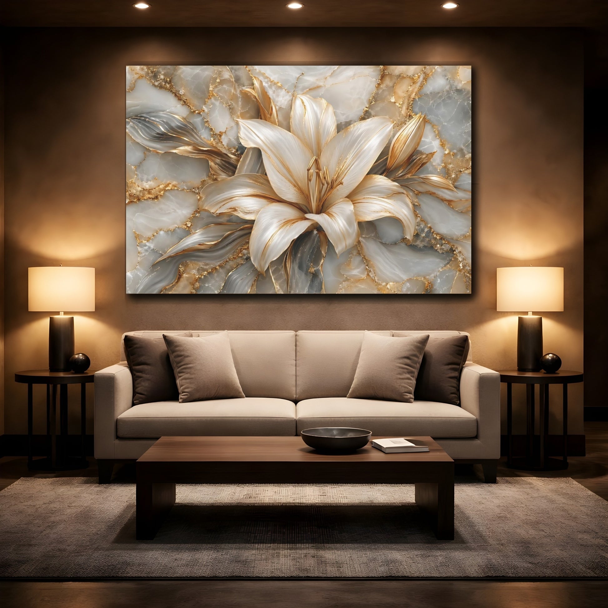 Mockup 2. Floral Lily Flower Gold And Gray shown as stretched canvas wall art