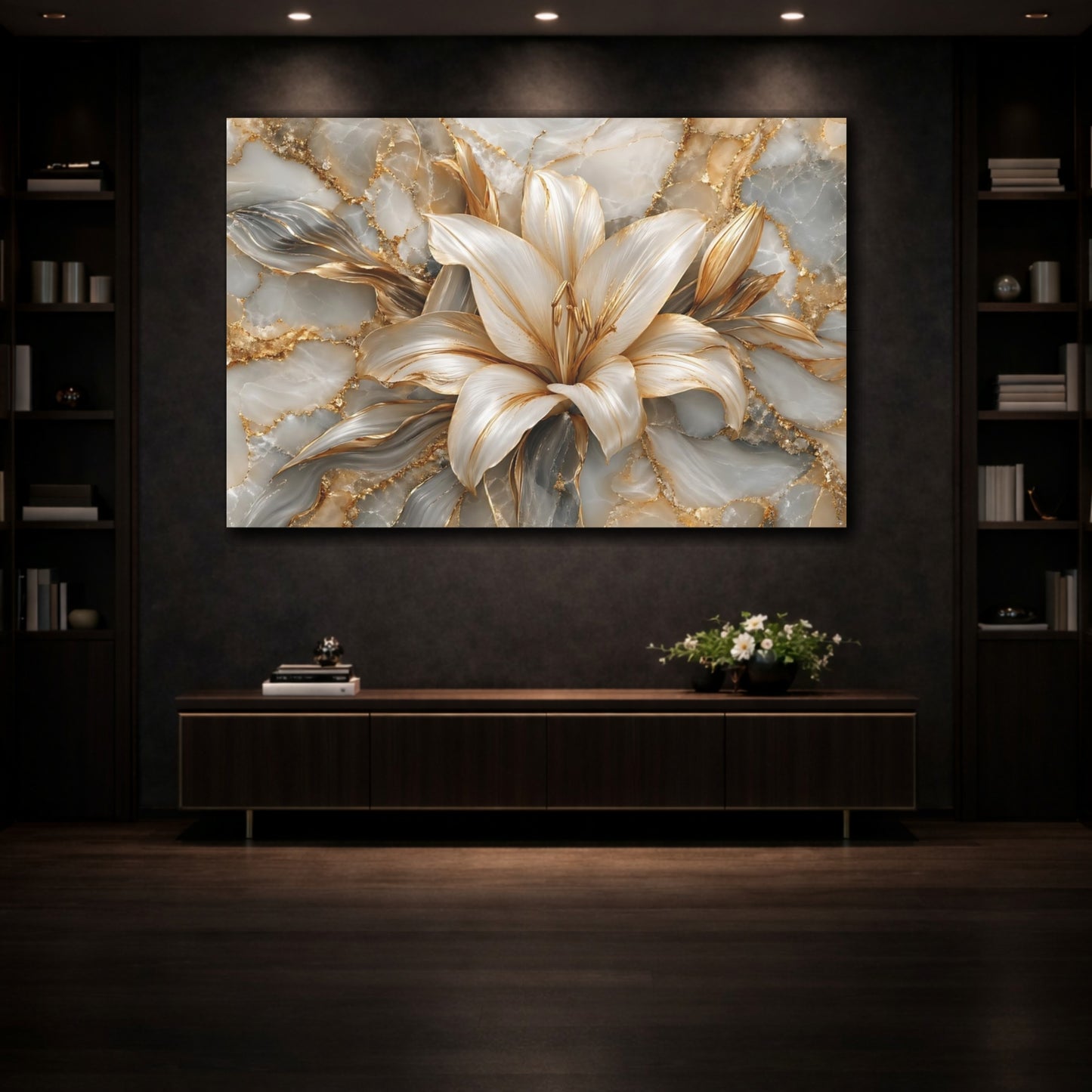 Mockup 3. Floral Lily Flower Gold And Gray shown as stretched canvas wall art