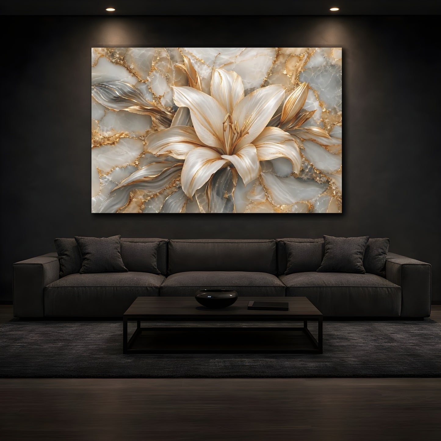Mockup 4. Floral Lily Flower Gold And Gray shown as stretched canvas wall art
