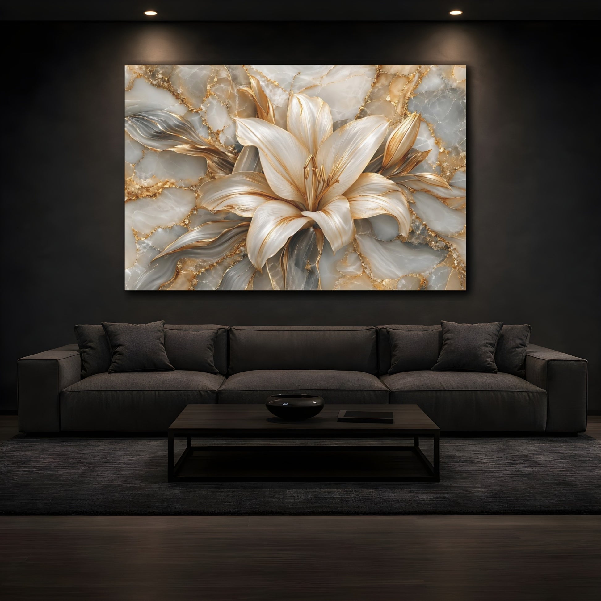 Mockup 4. Floral Lily Flower Gold And Gray shown as stretched canvas wall art