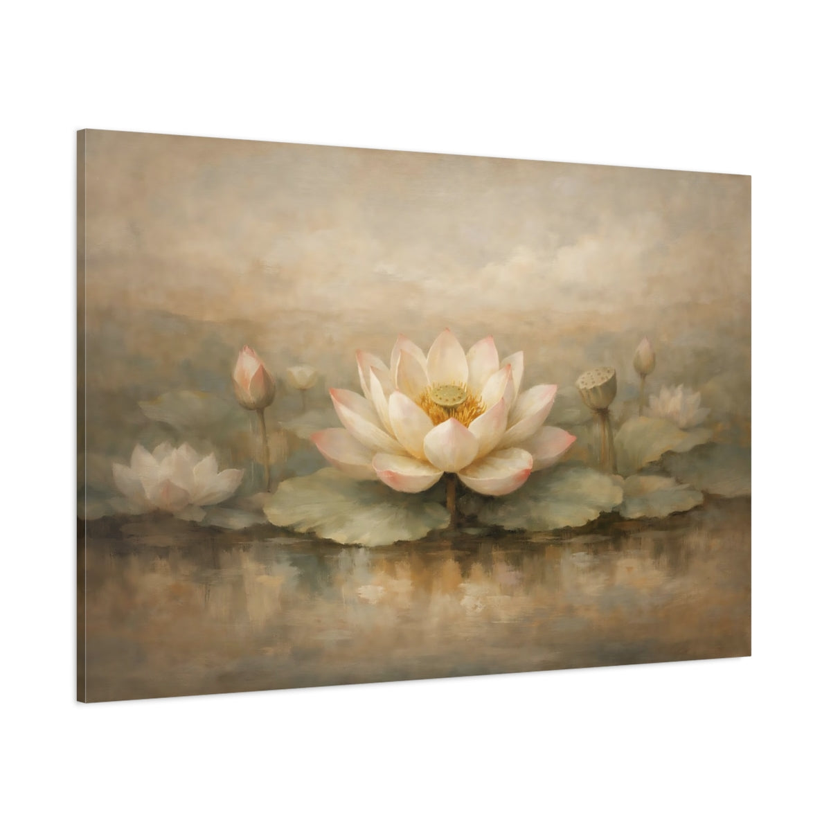 Main Mockup. Floral Lotus Flower Beige Pink shown as stretched canvas wall art