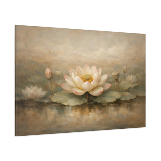Main Mockup. Floral Lotus Flower Beige Pink shown as stretched canvas wall art