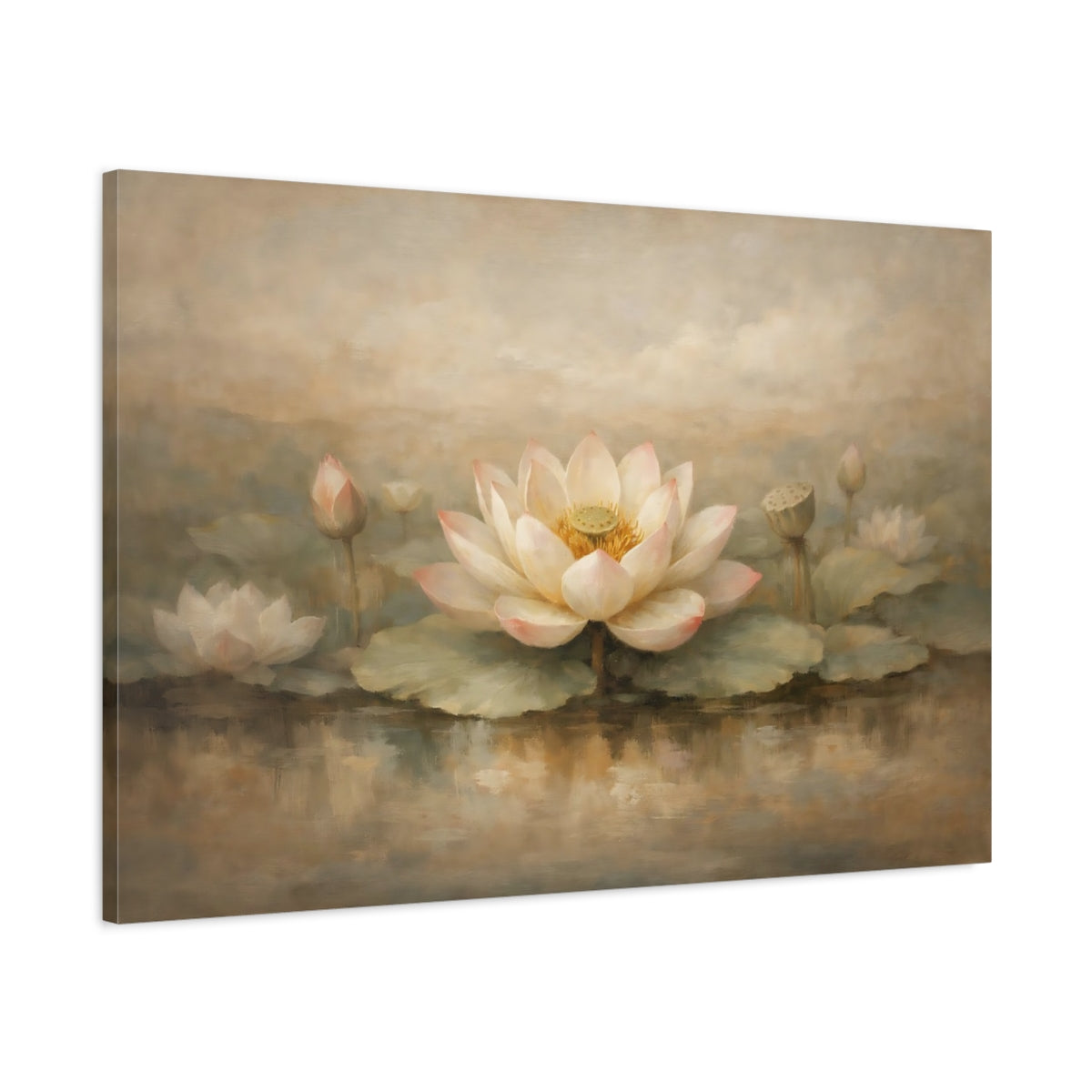 Side Mockup 1. Floral Lotus Flower Beige Pink shown as stretched canvas wall art