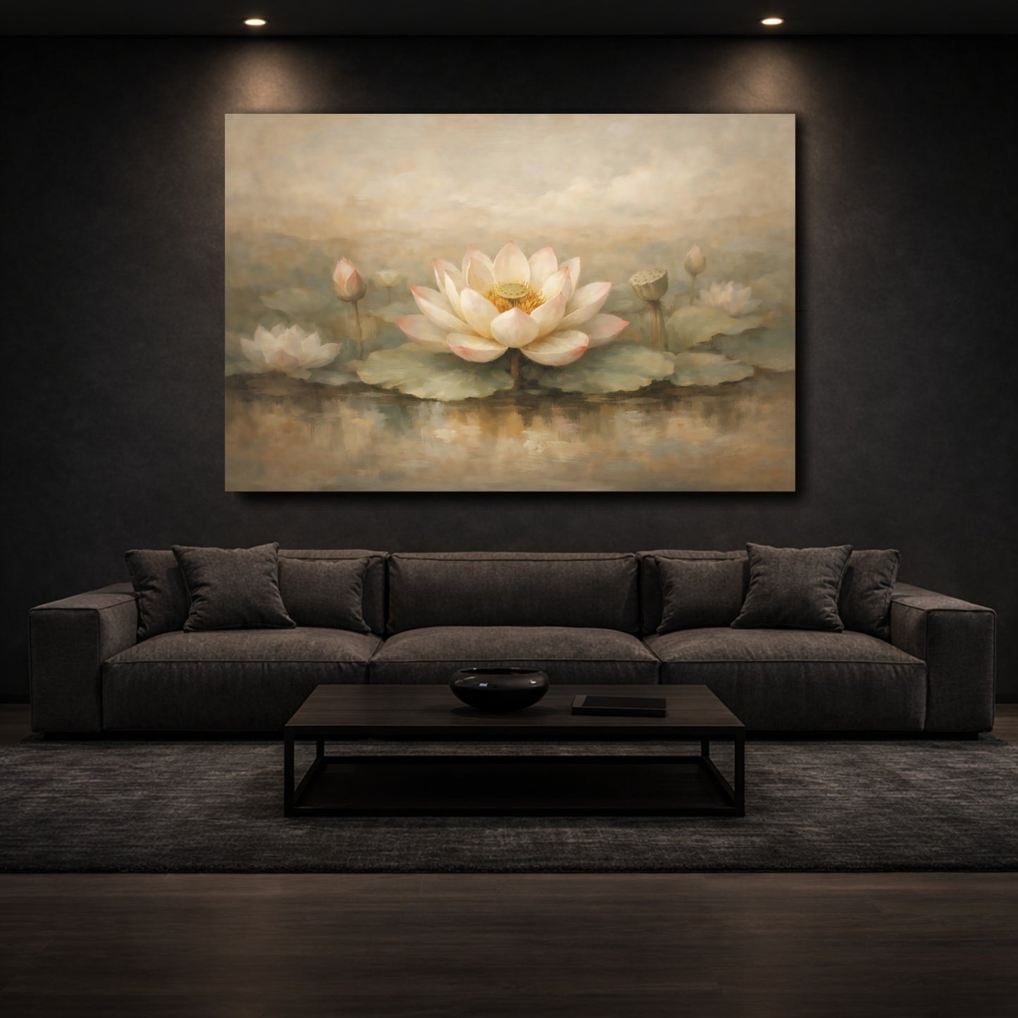 Mockup 2. Floral Lotus Flower Beige Pink shown as stretched canvas wall art